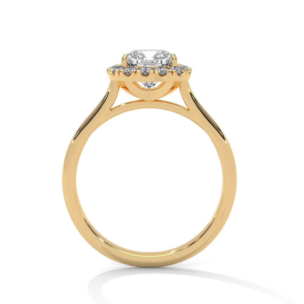 Gold ring with a large diamond on a white background 