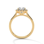 Gold ring with a large diamond on a white background 