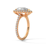Rose gold ring with a large diamond on a white background 