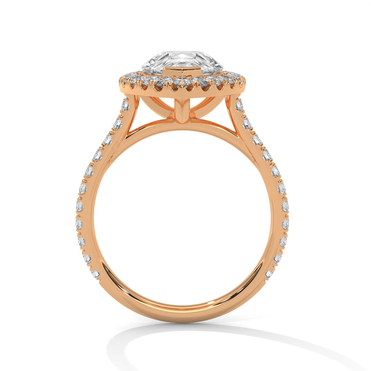 Rose gold ring with a large diamond on a white background 
