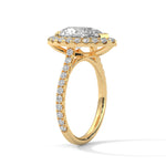 Gold ring with a large diamond on a white background 