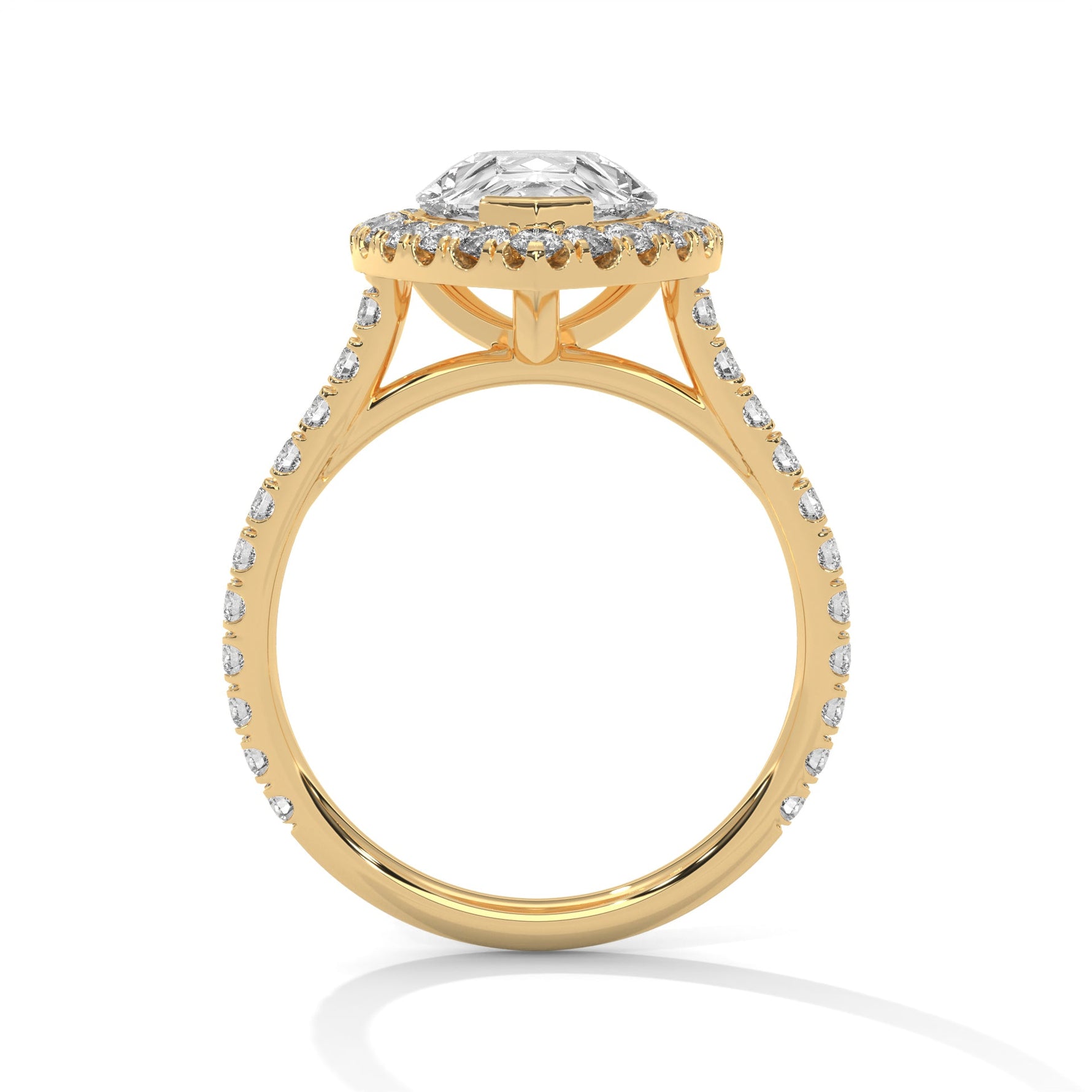 Gold ring with a large diamond on a white background 