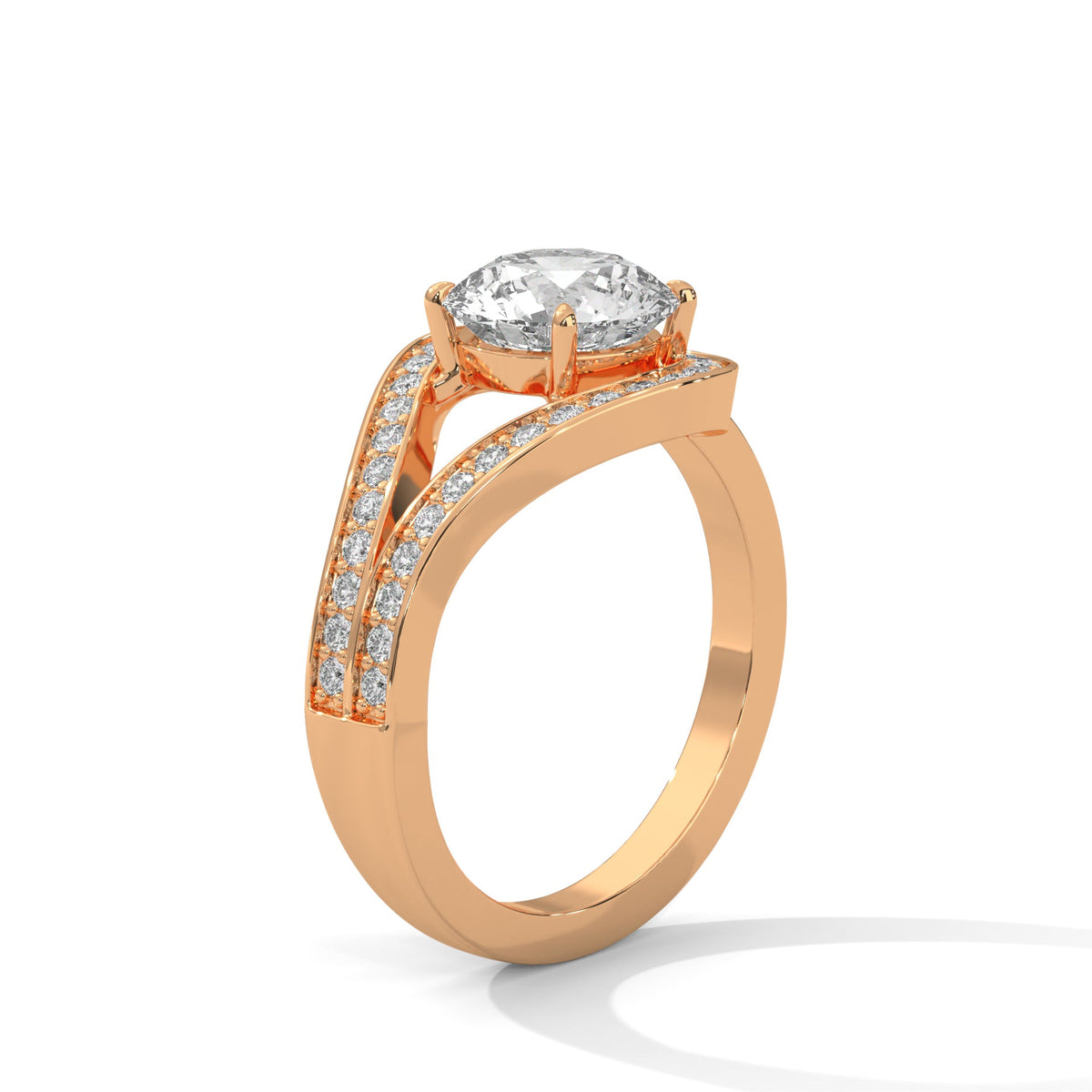 Rose gold ring with a large diamond on a white background 