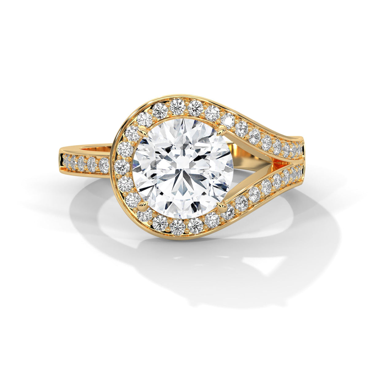 Gold ring with a large diamond on a white background 