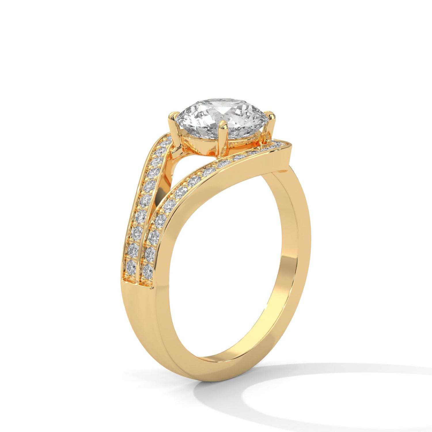 Gold ring with a large diamond on a white background 