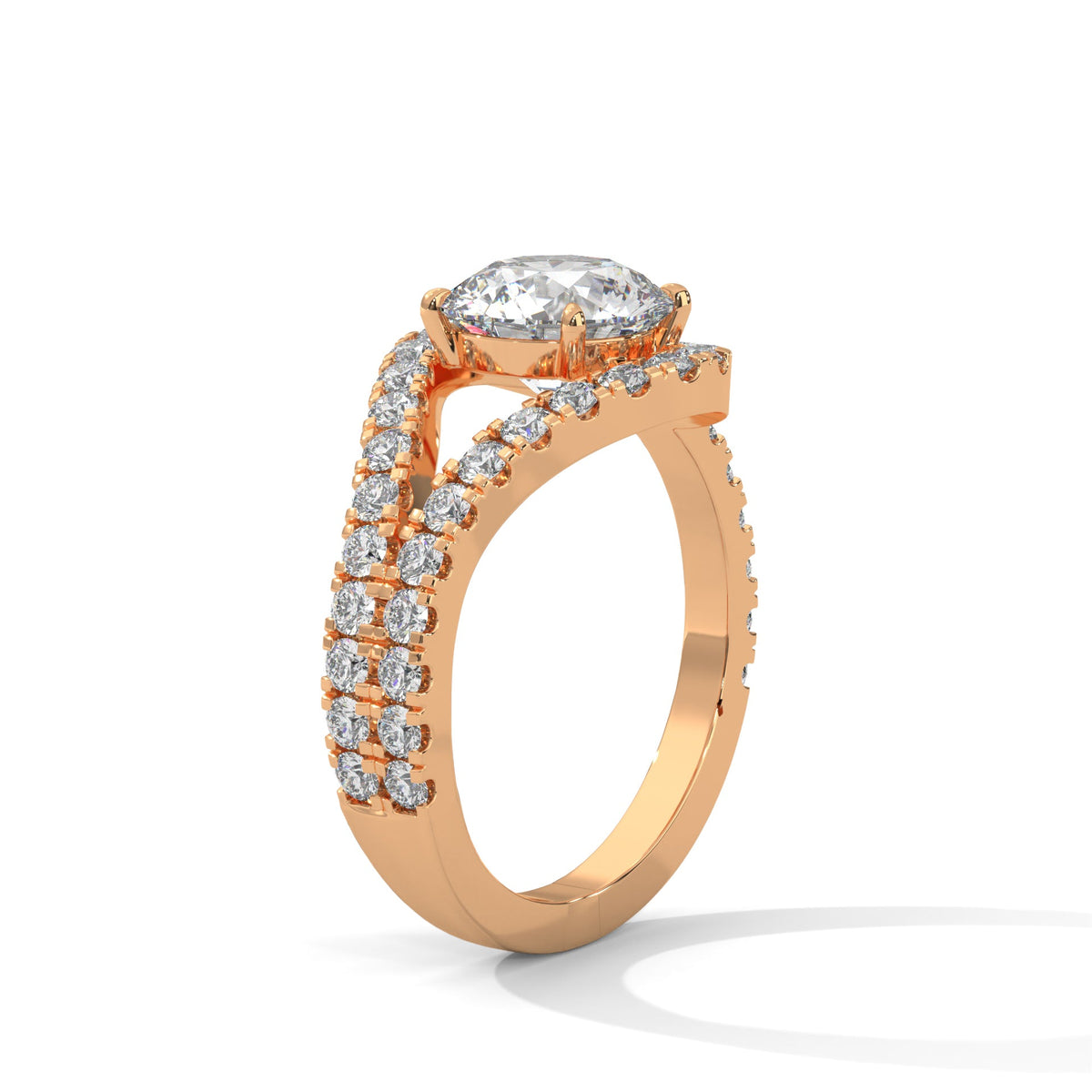 Rose gold ring with a large diamond on a white background 