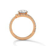 Rose gold ring with a large diamond on a white background 