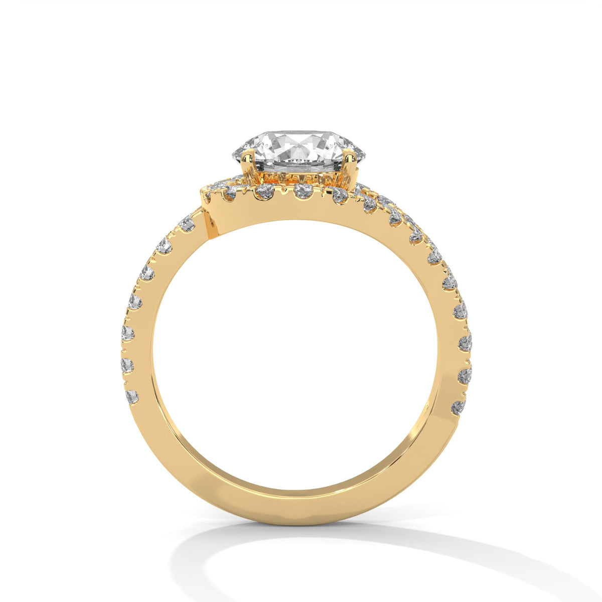 Gold ring with a large diamond on a white background 