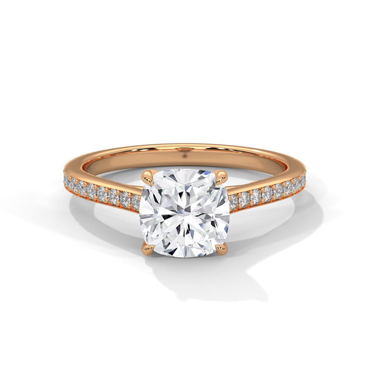 Rose gold ring with a large diamond on a white background 