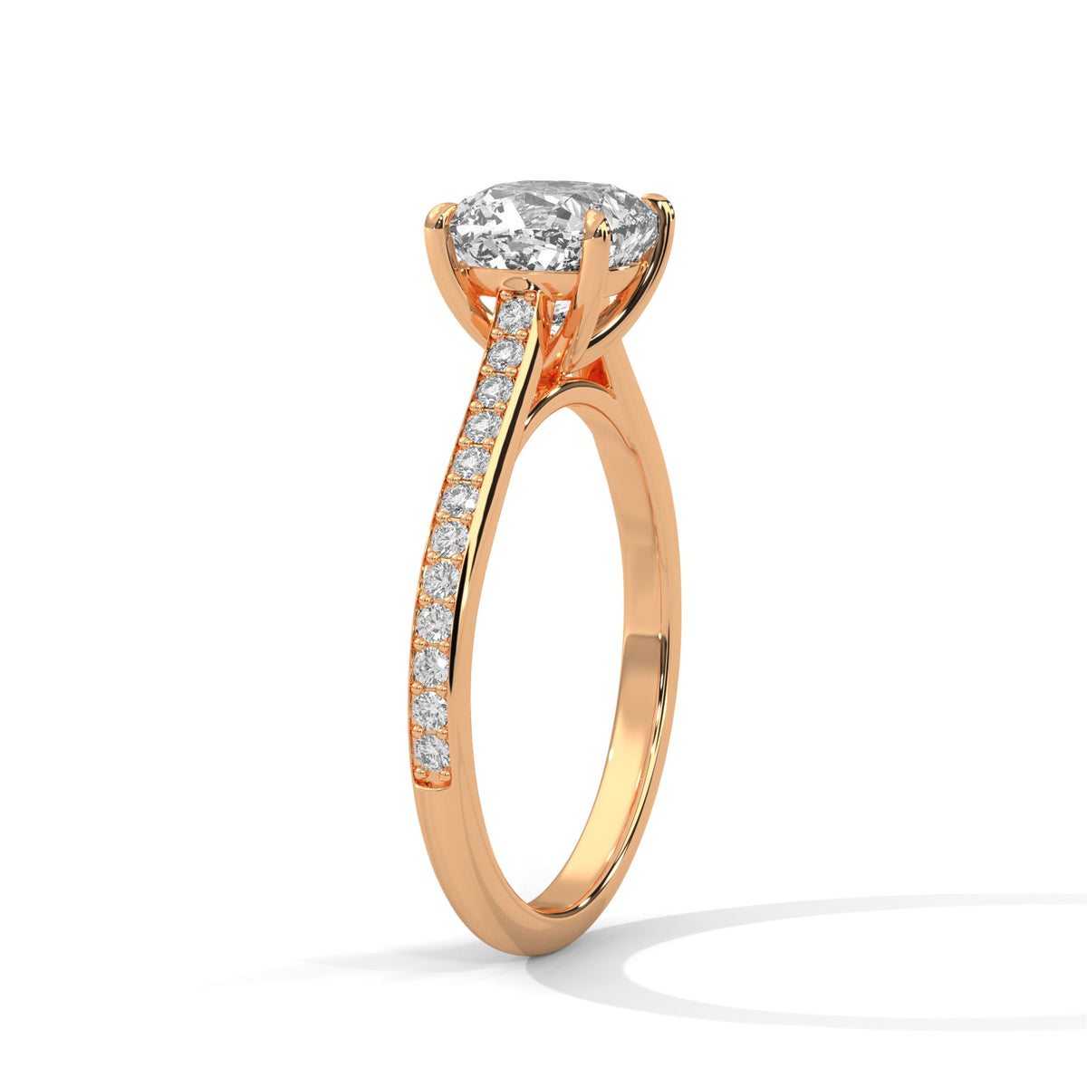 Rose gold ring with a large diamond on a white background 