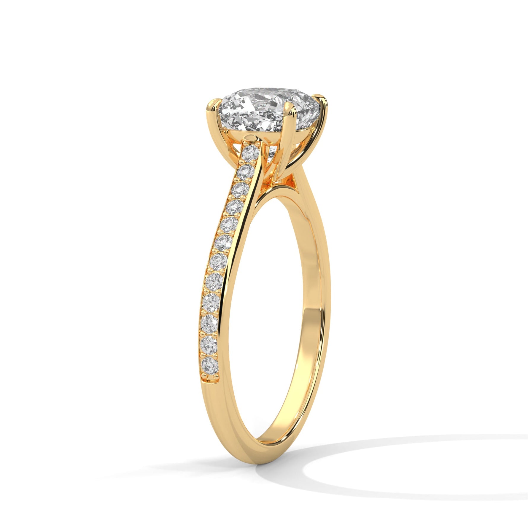 Gold ring with a large diamond on a white background 
