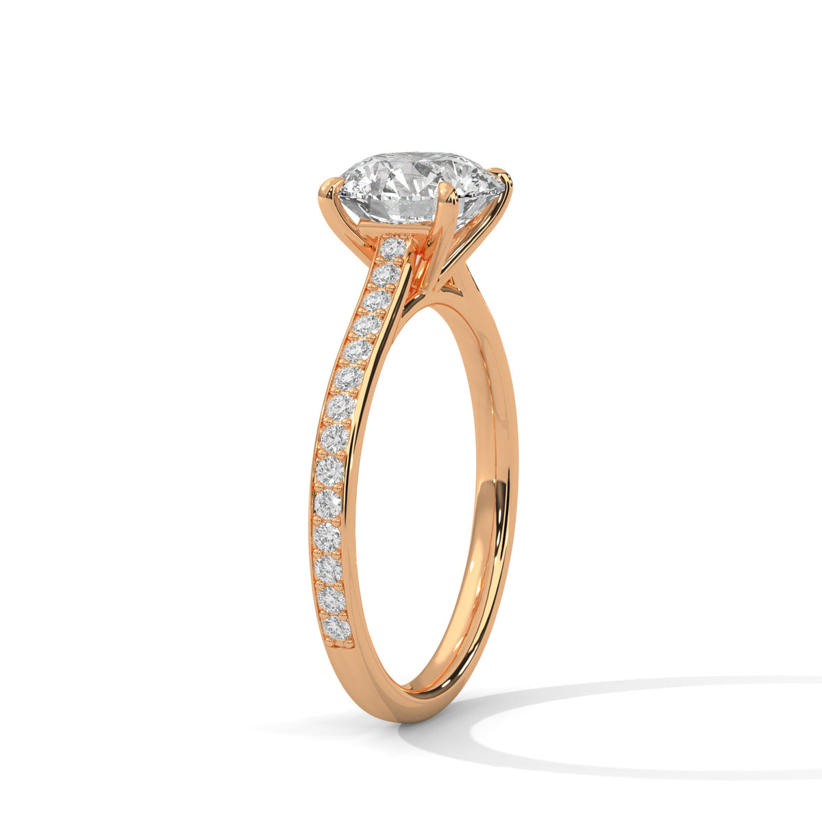 Rose gold ring with a large diamond on a white background 