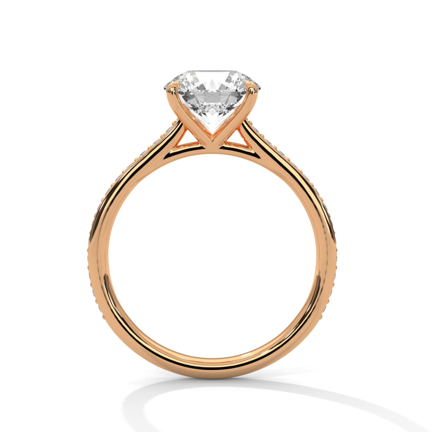 Rose gold ring with a large diamond on a white background 
