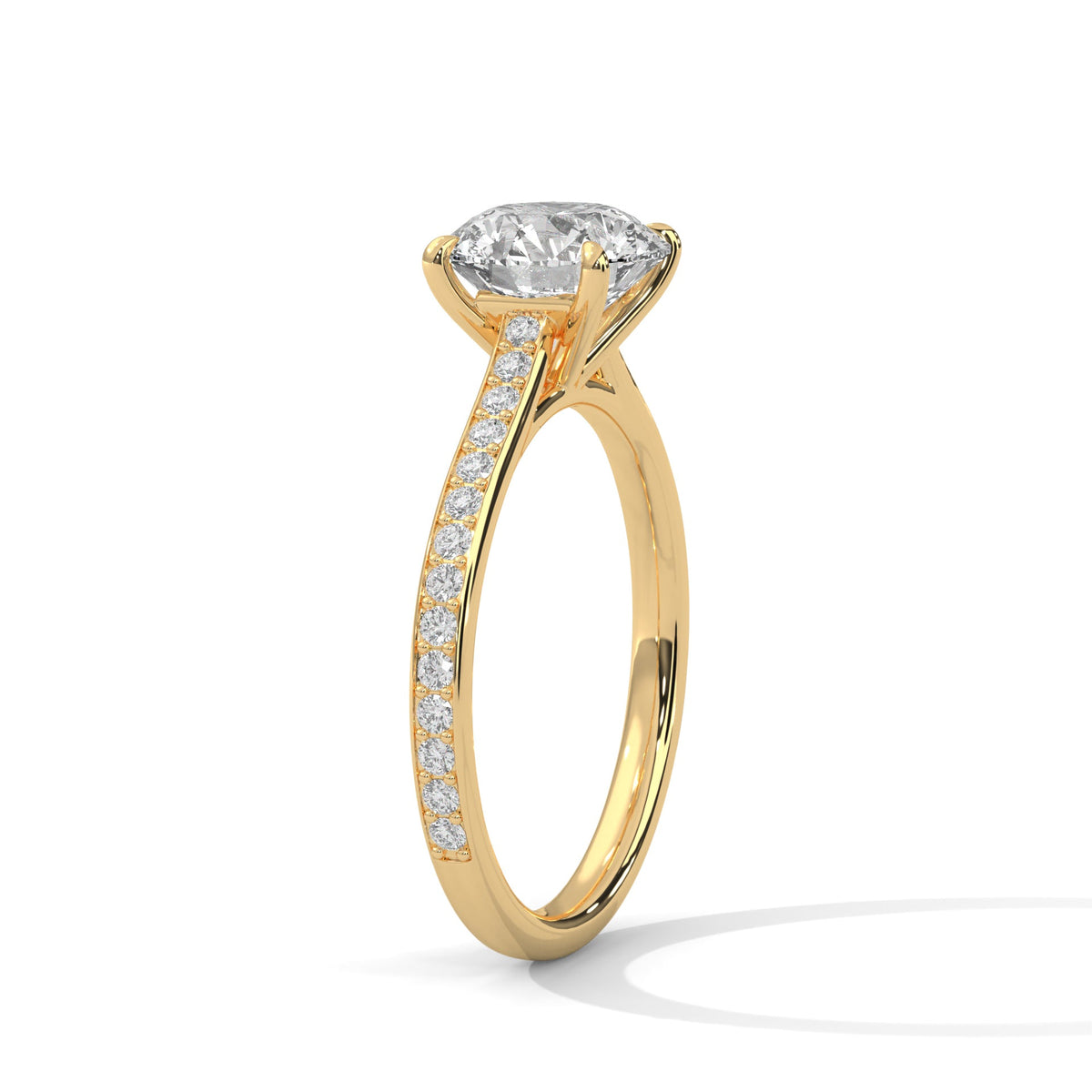 Gold ring with a large diamond on a white background 