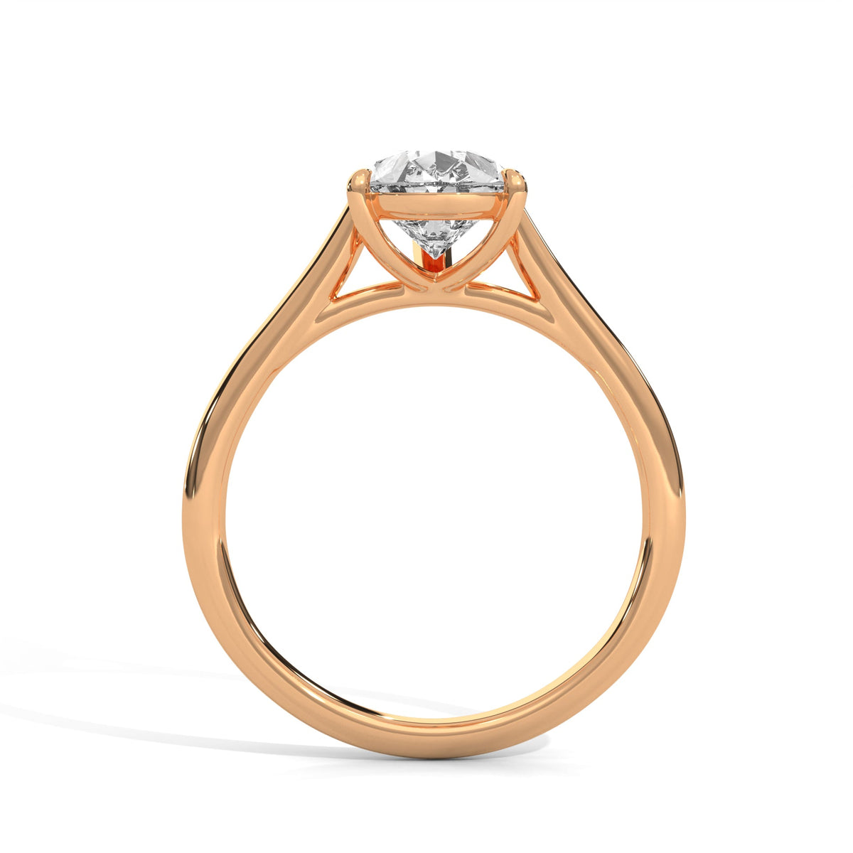 Rose gold ring with a large diamond on a white background 