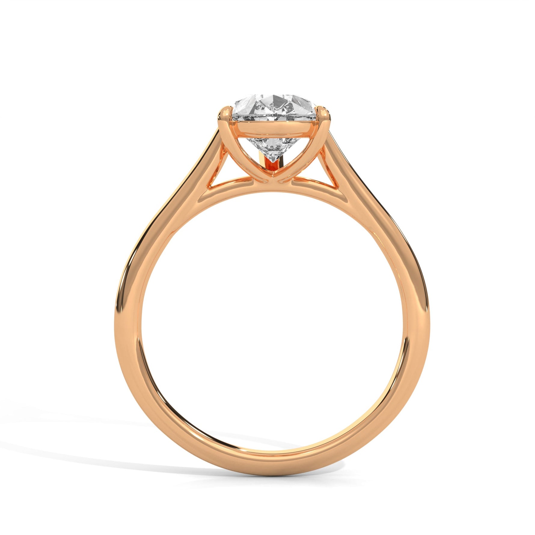 Rose gold ring with a large diamond on a white background 