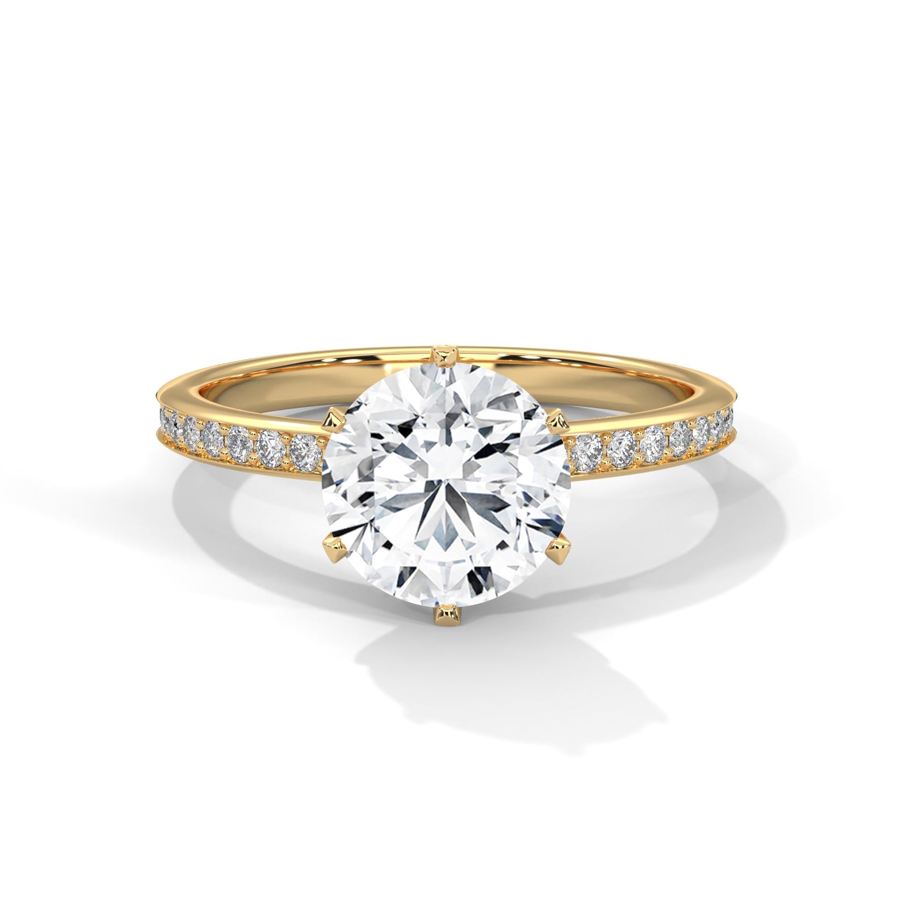 Gold ring with a large diamond on a white background 