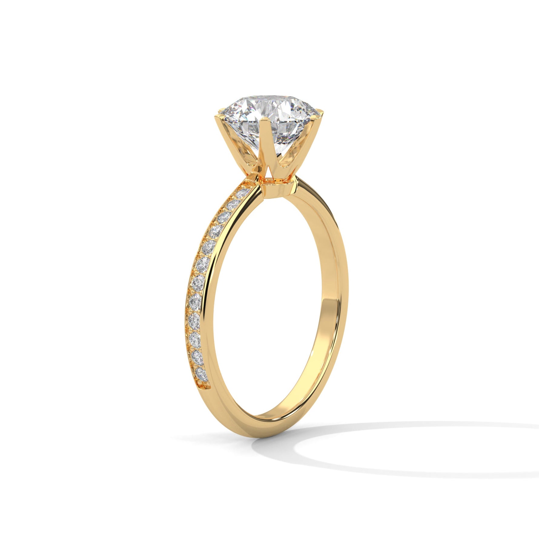 Gold ring with a large diamond on a white background 