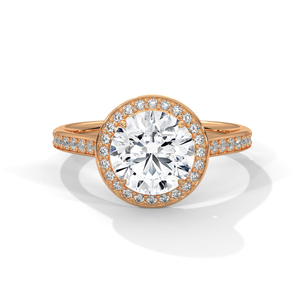 Rose gold ring with a large diamond on a white background 