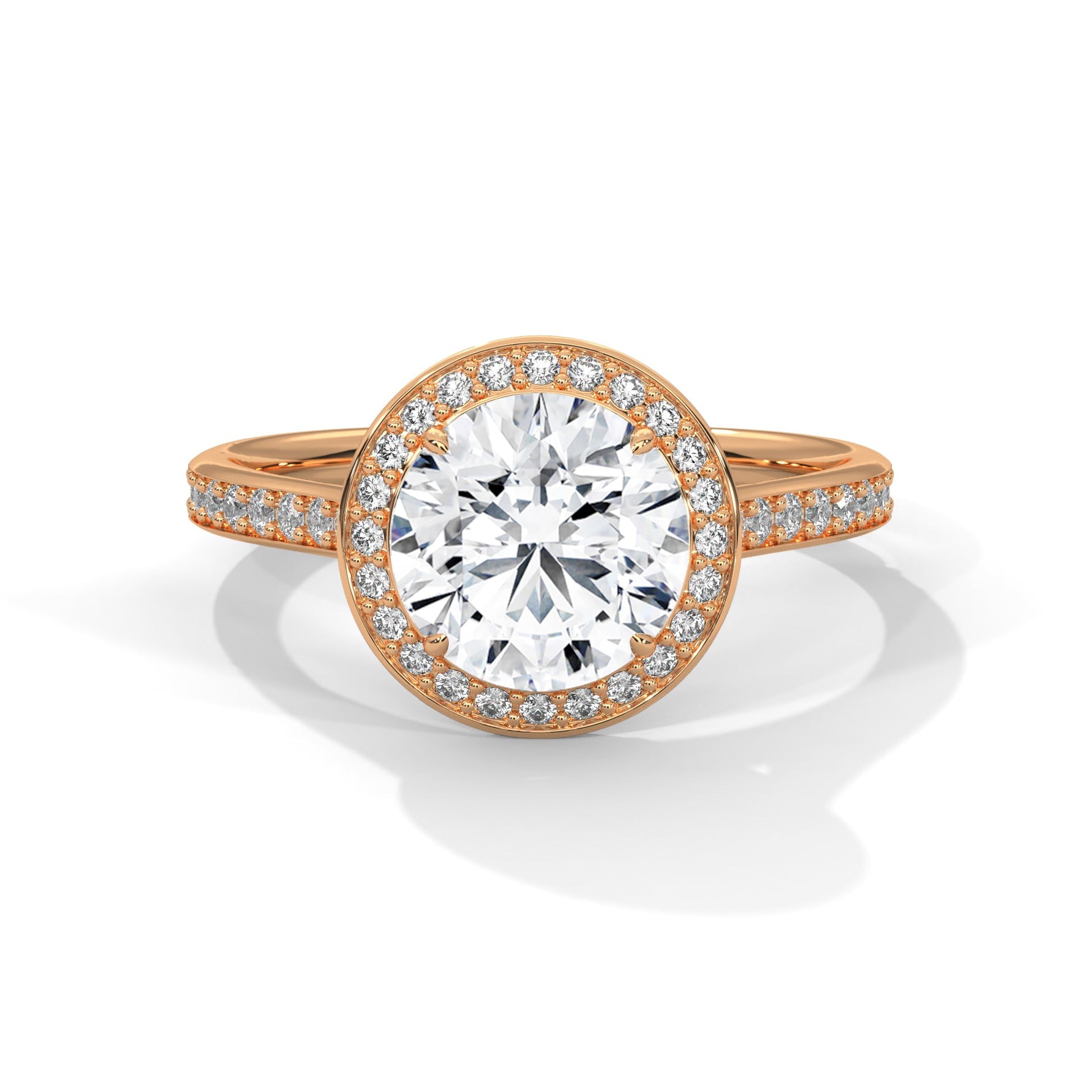Rose gold ring with a large diamond on a white background 