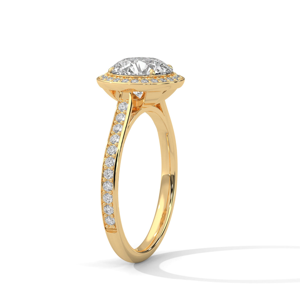 Gold ring with a large diamond on a white background 