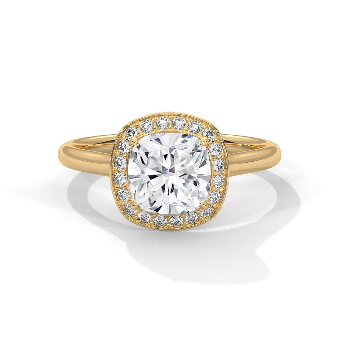 Gold ring with a large diamond on a white background 