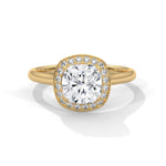 Gold ring with a large diamond on a white background 