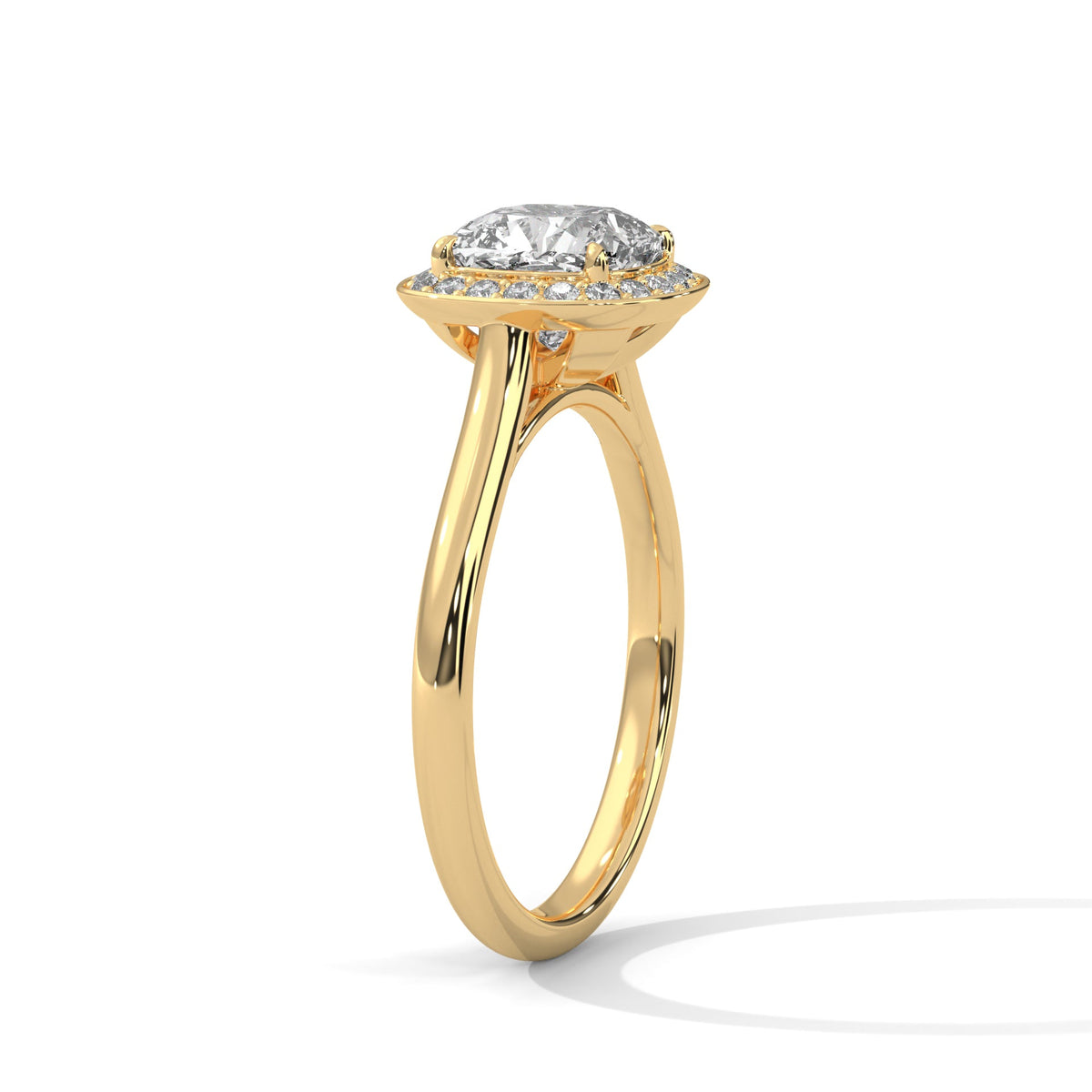 Gold ring with a large diamond on a white background 