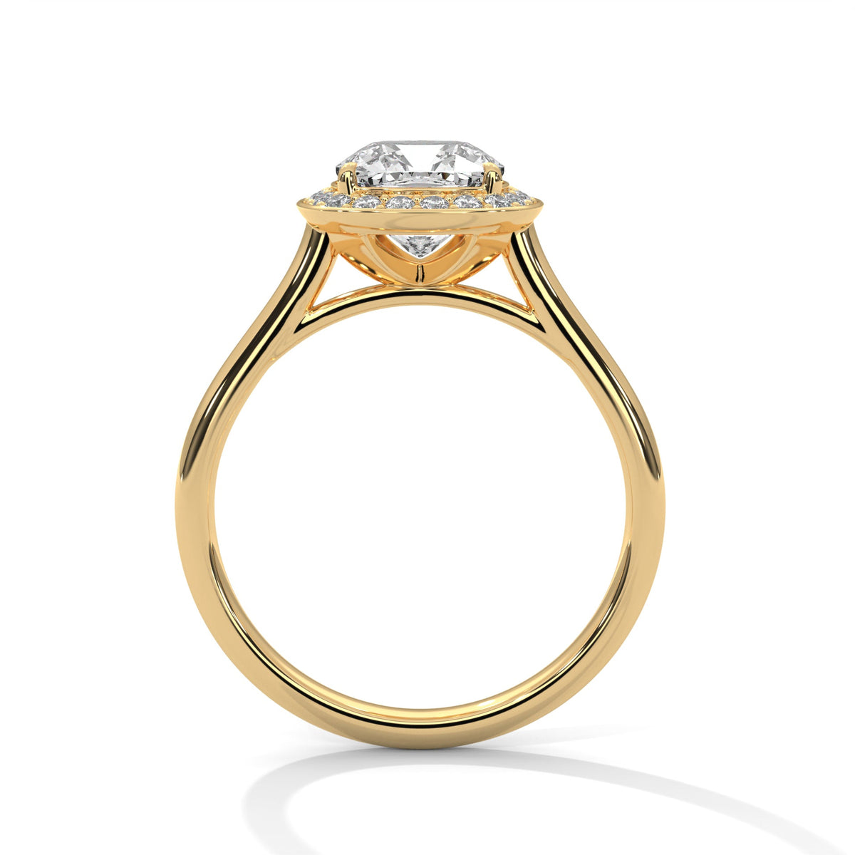 Gold ring with a large diamond on a white background 
