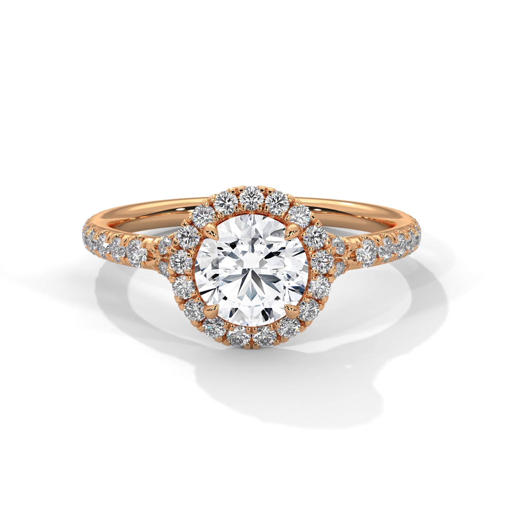 Rose gold ring with a large diamond on a white background 
