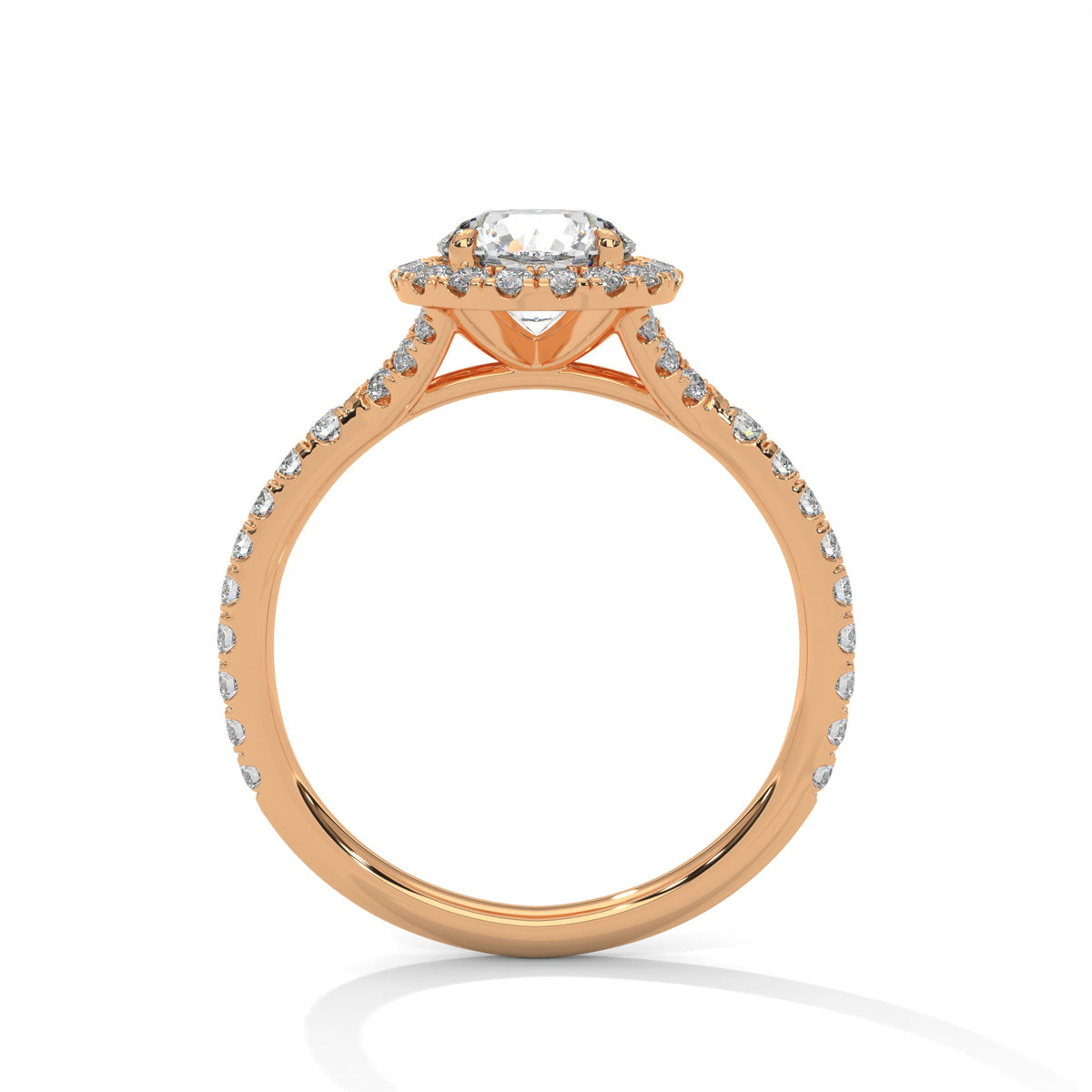 Rose gold ring with a large diamond on a white background 