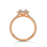 Rose gold ring with a large diamond on a white background 