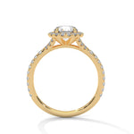 Gold ring with a large diamond on a white background 