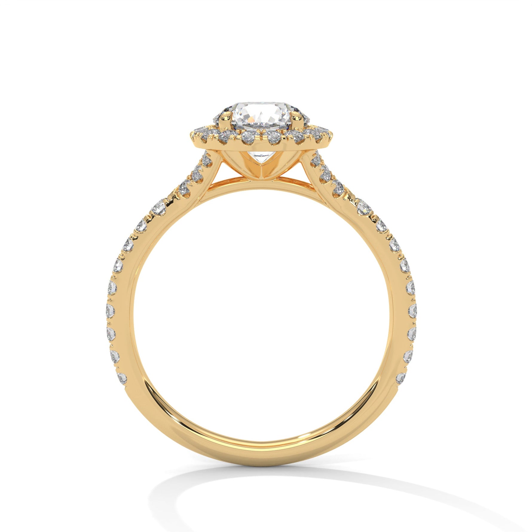 Gold ring with a large diamond on a white background 