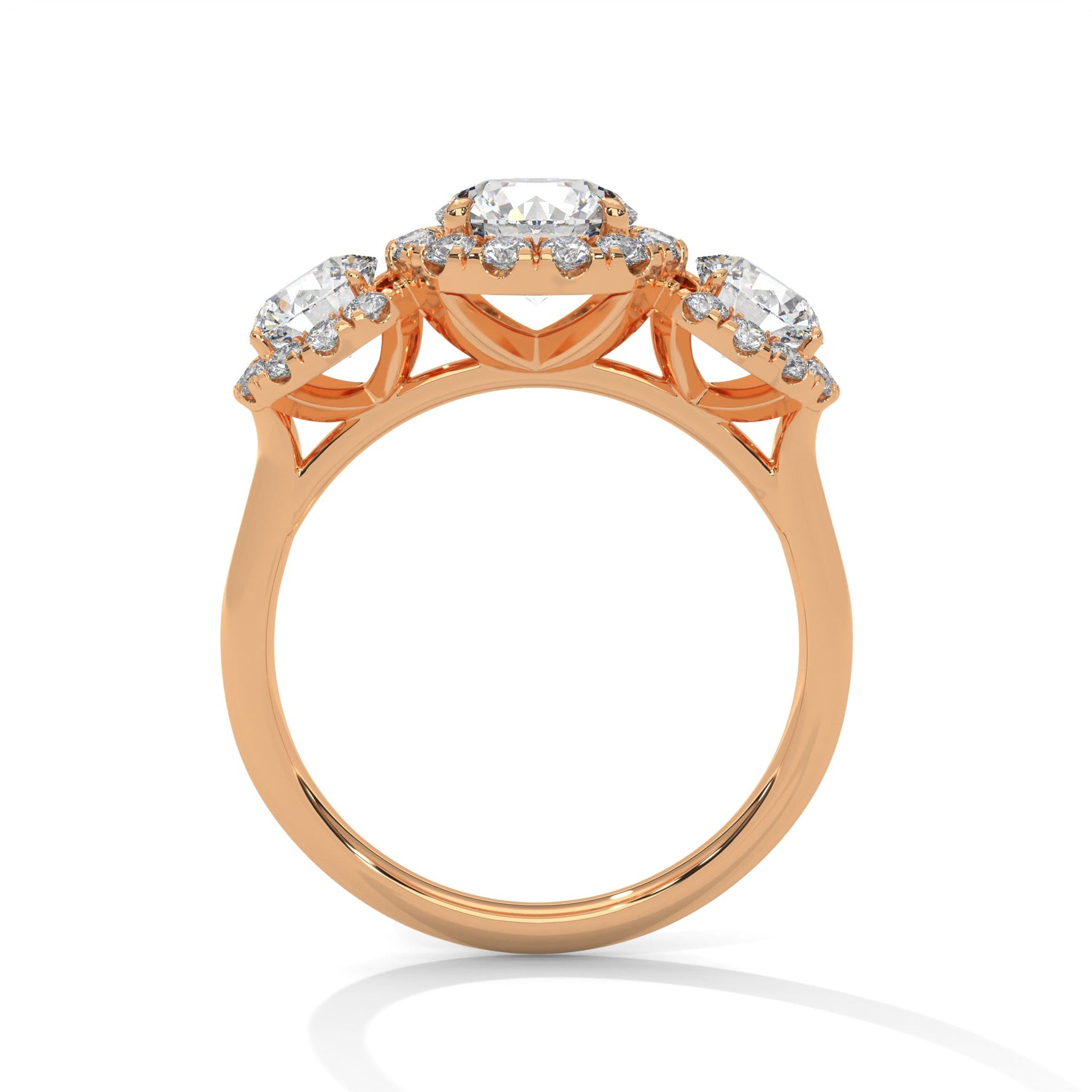Rose gold ring with a large diamond on a white background 