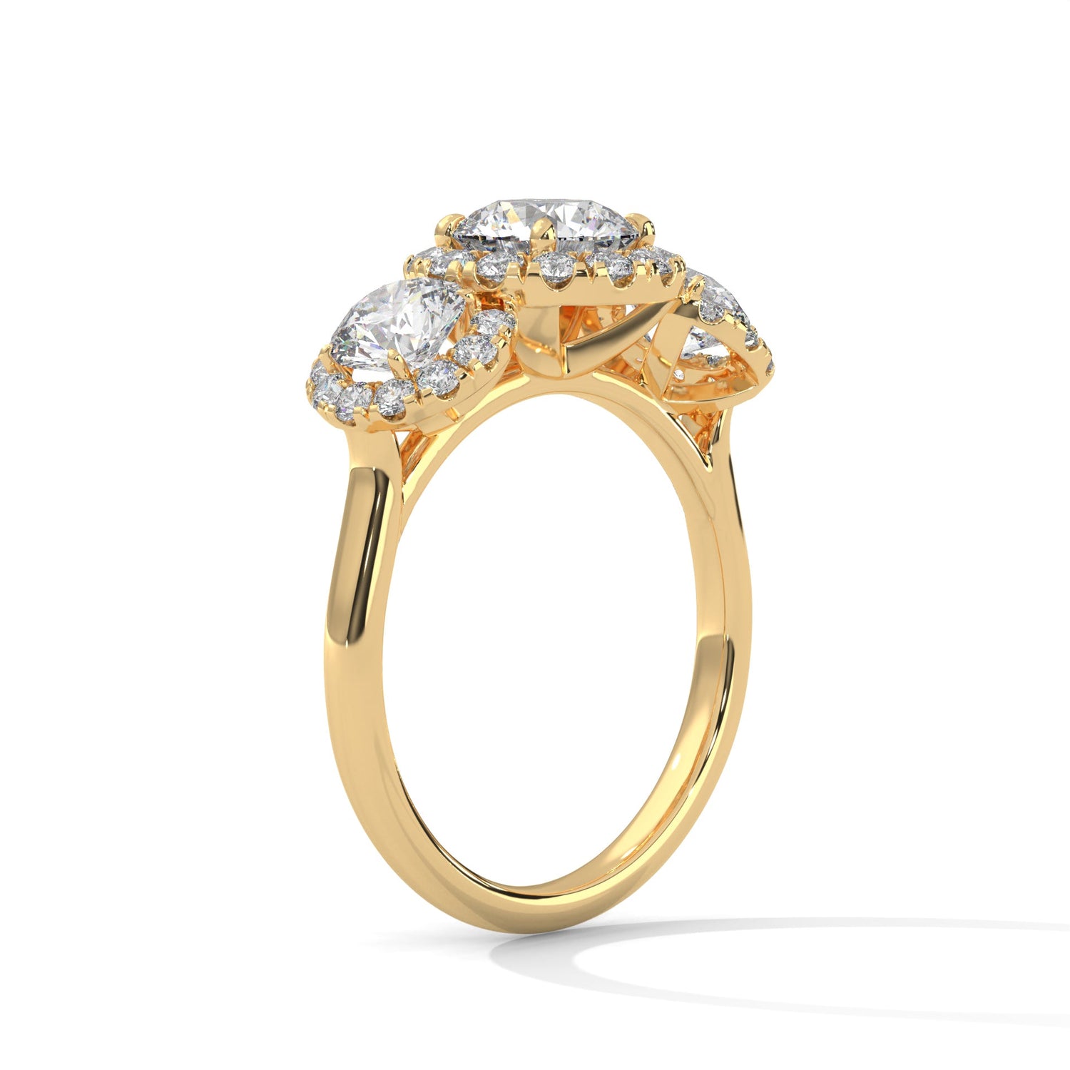Gold ring with a large diamond on a white background 