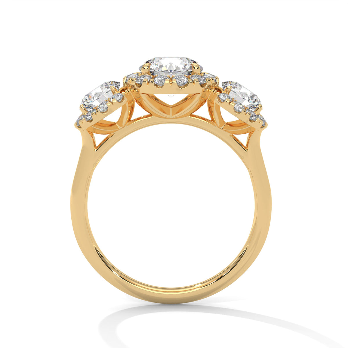 Gold ring with a large diamond on a white background 