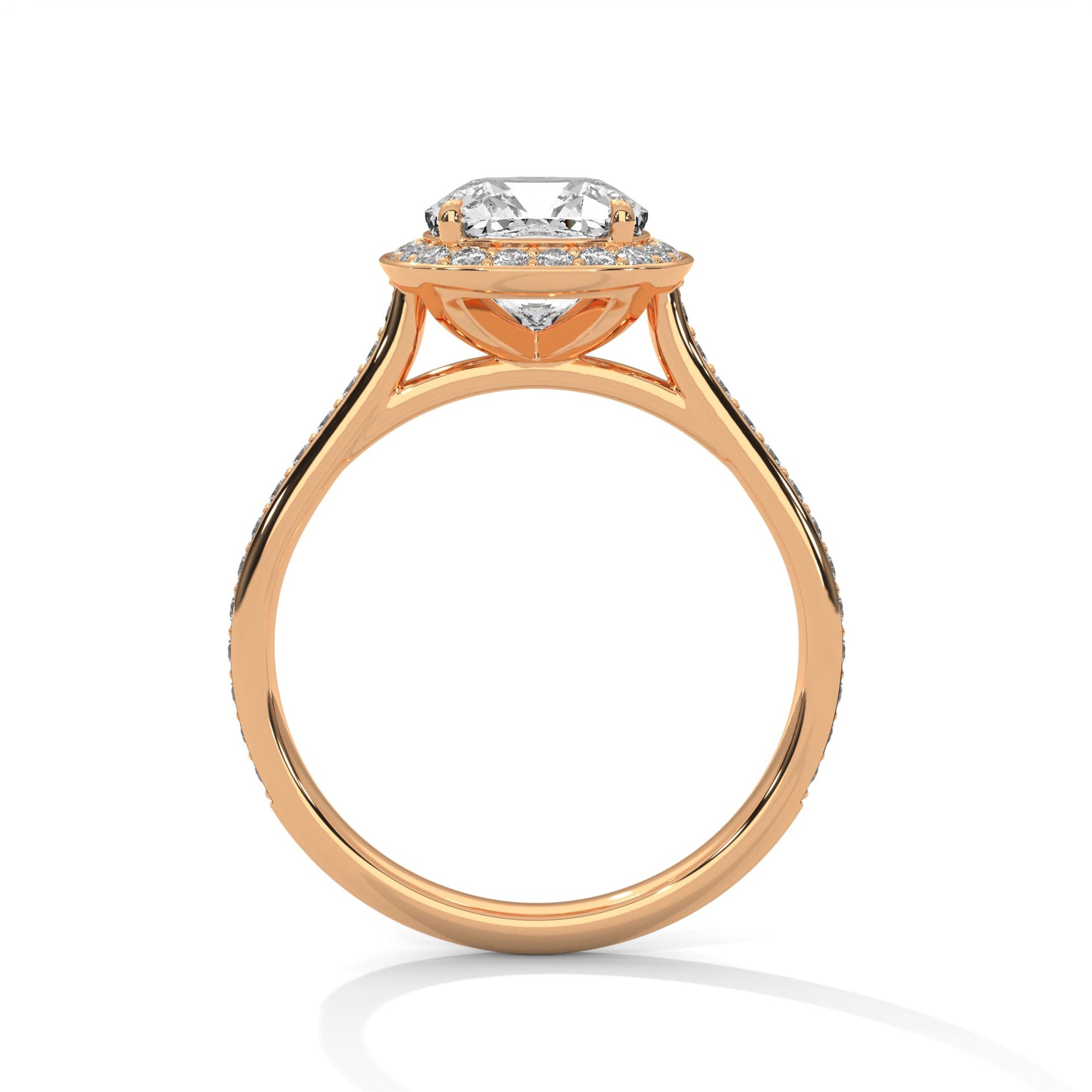 Rose gold ring with a large diamond on a white background 