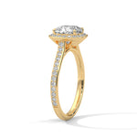 Gold ring with a large diamond on a white background 