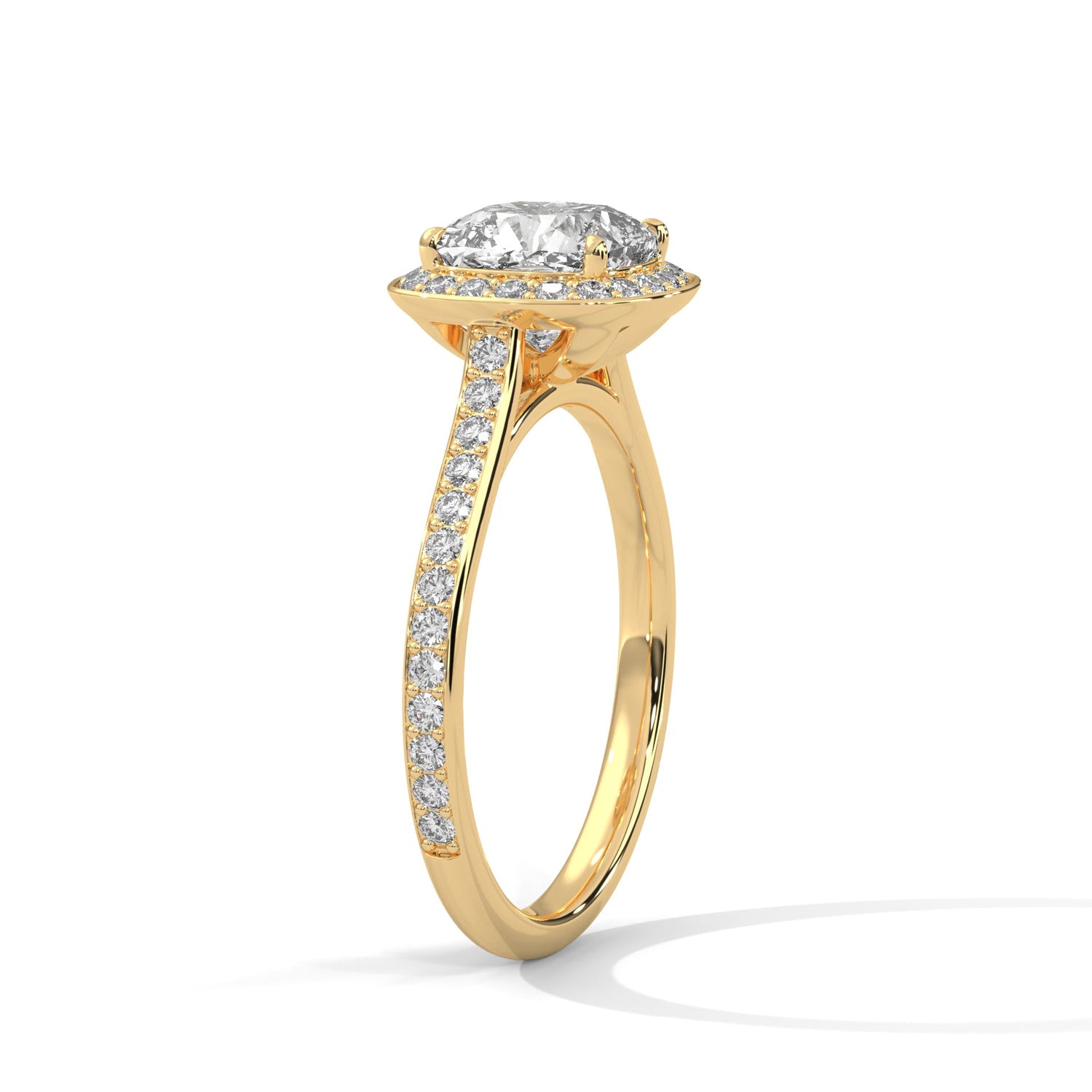 Gold ring with a large diamond on a white background 