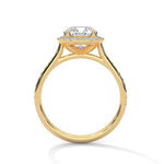 Gold ring with a large diamond on a white background 