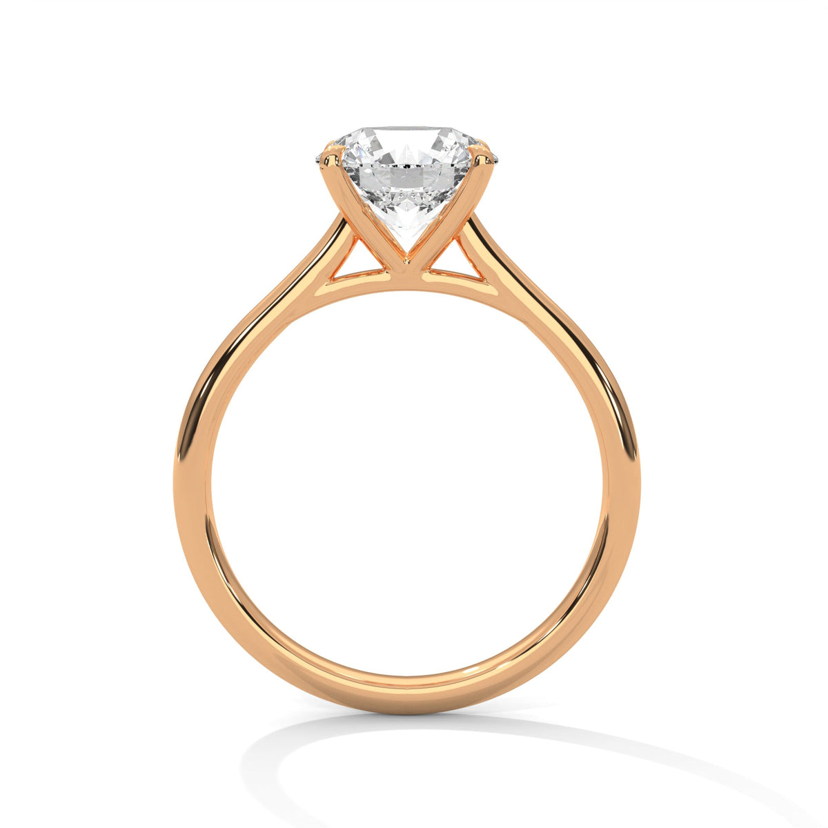 Rose gold ring with a large diamond on a white background 
