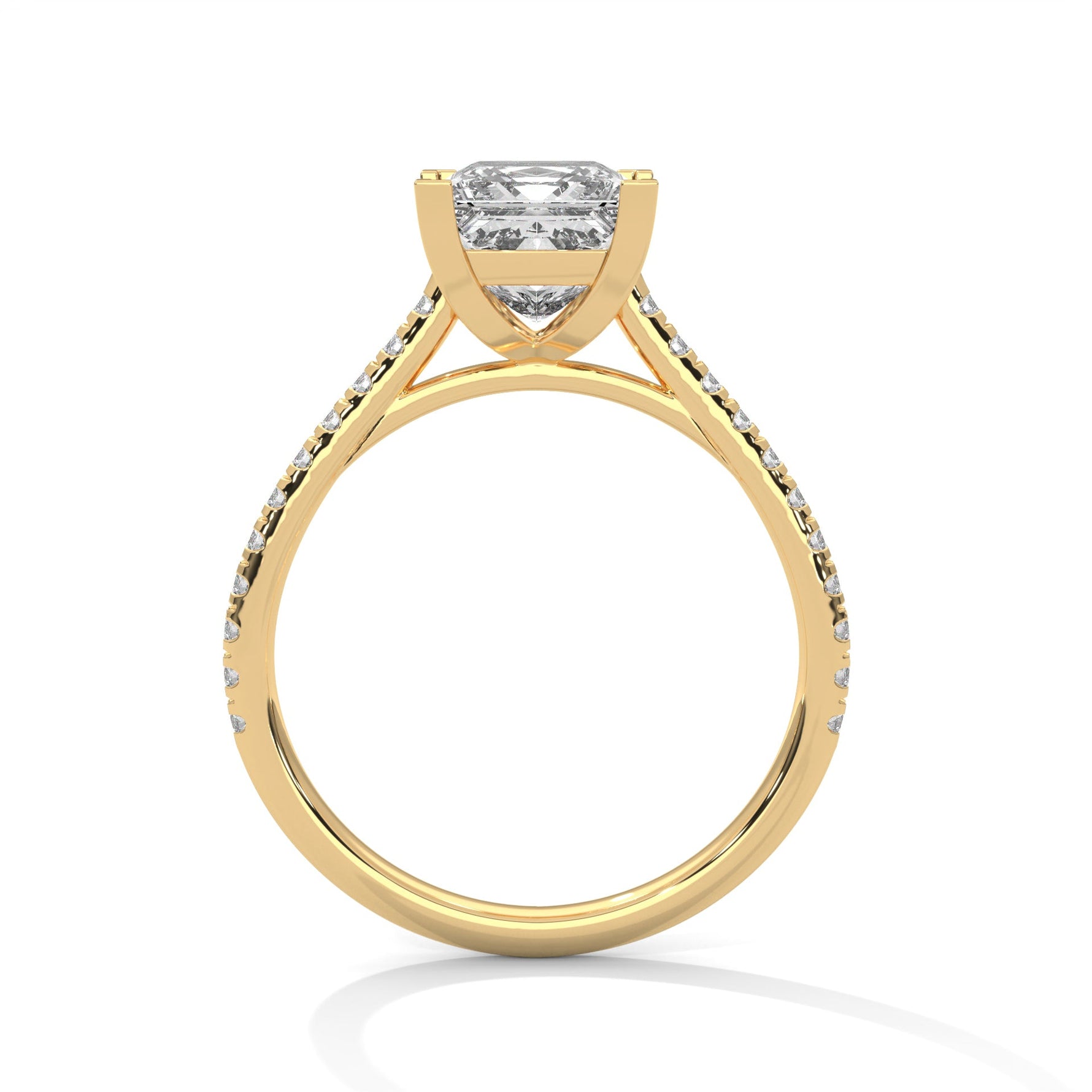 Gold ring with a large diamond on a white background 