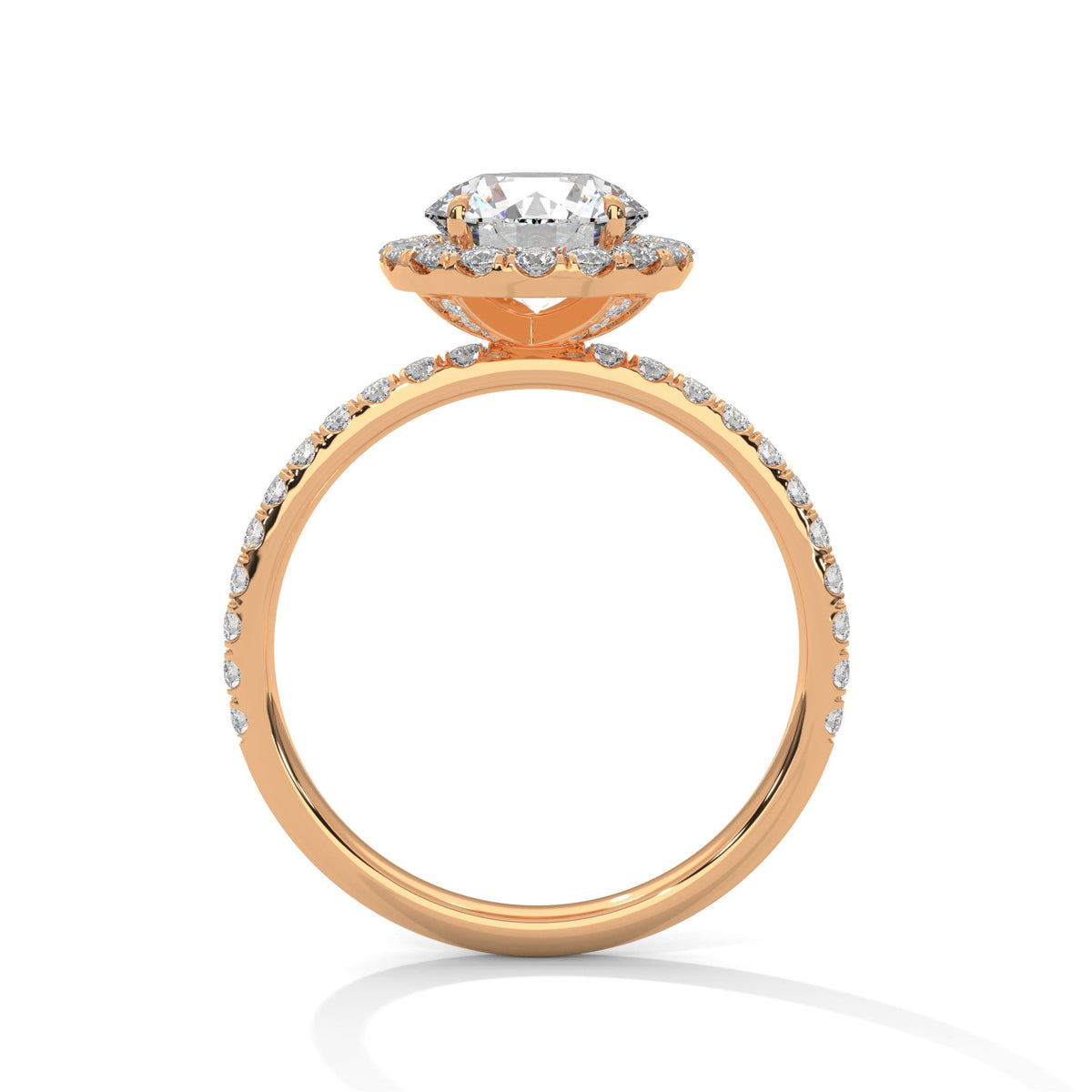 Rose gold ring with a large diamond on a white background 