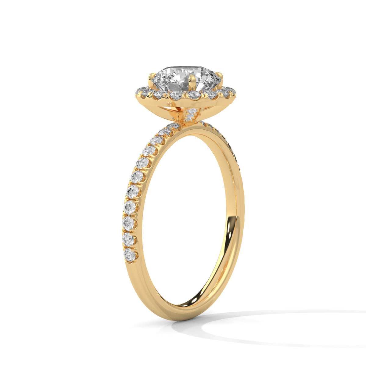 Gold ring with a large diamond on a white background 