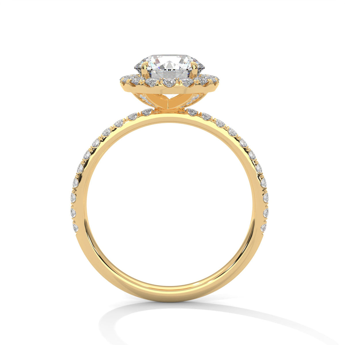 Gold ring with a large diamond on a white background 