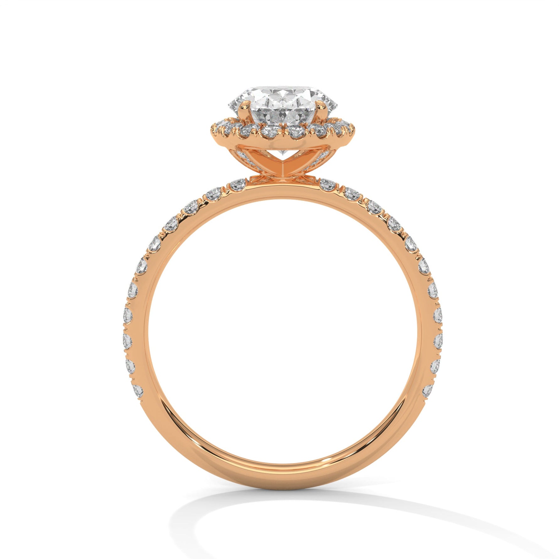 Rose gold ring with a large diamond on a white background 