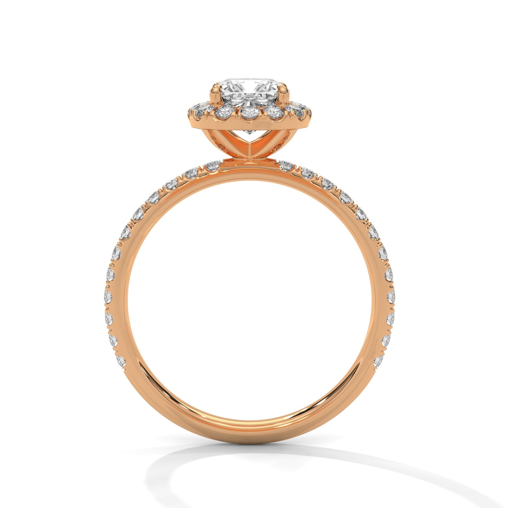 Rose gold ring with a large diamond on a white background 