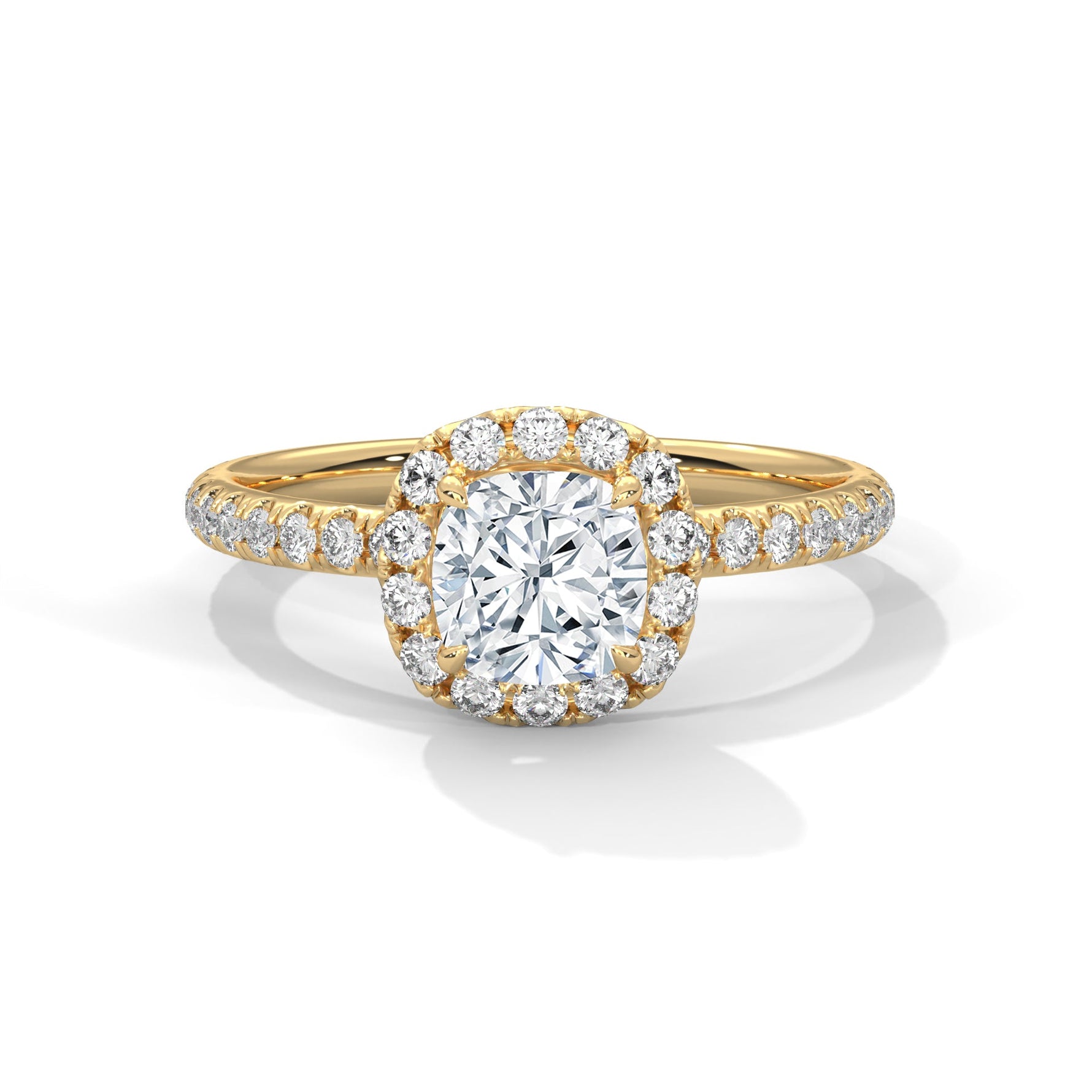 Gold ring with a large diamond on a white background 