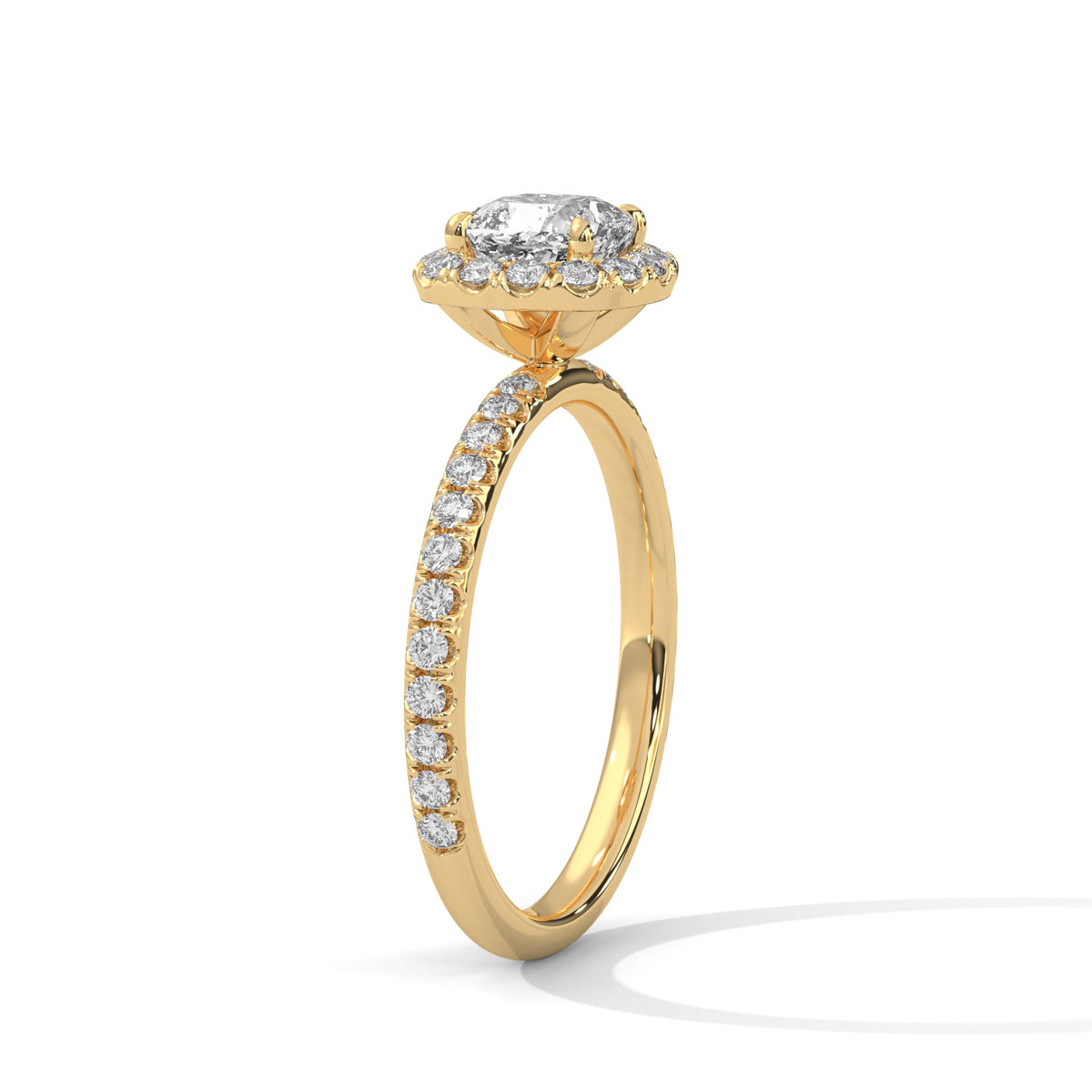 Gold ring with a large diamond on a white background 